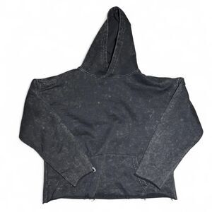 Black acid wash cropped hoodie CLQ womens faded mineral wash finish raw cut hem